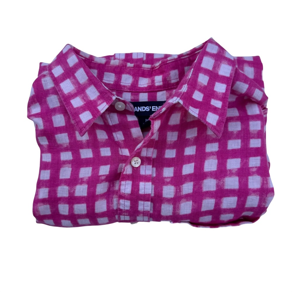 Lands End Button Down Shirt Mens M Pink Excellent 100% Linen Short Sleeve Shirt - Picture 11 of 11